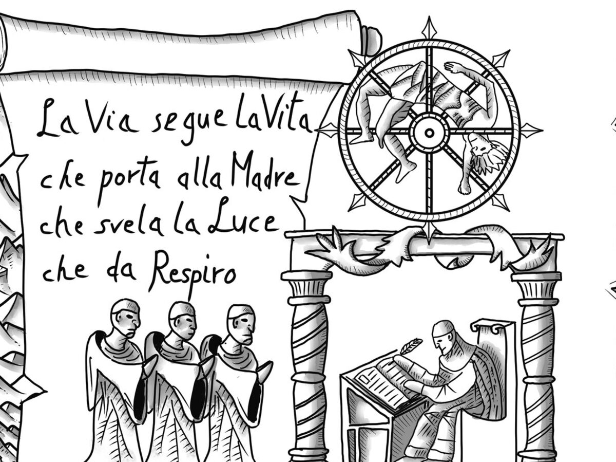 La litania dei pellegrini e lo scriba, dal cartiglio della mappa